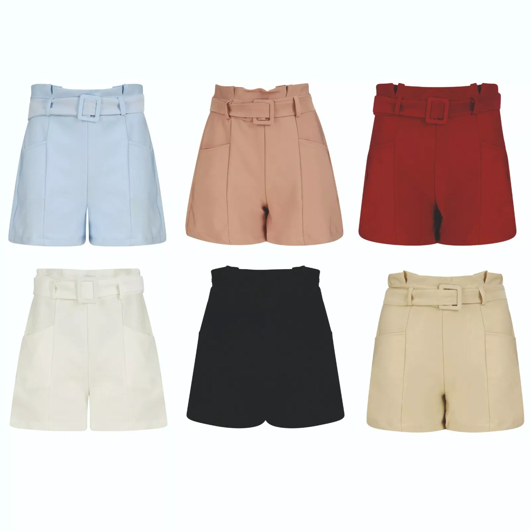 Women's high-waisted belted tailored shorts in blue, beige, red, white, black and cream – smart summer shorts with pockets and pleated front detail